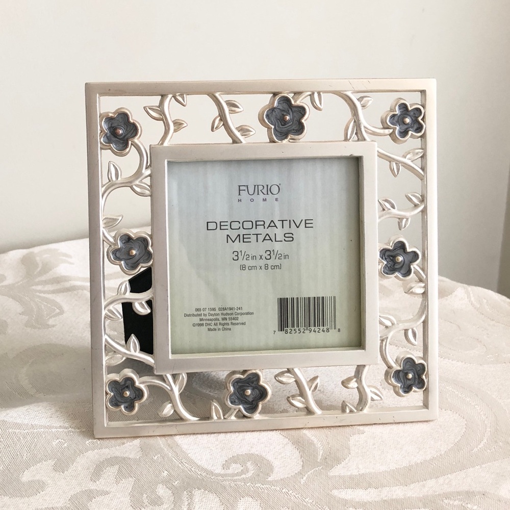 NEW Furio Home Tabletop Picture Frame Silver with Blue Enameled Flowers